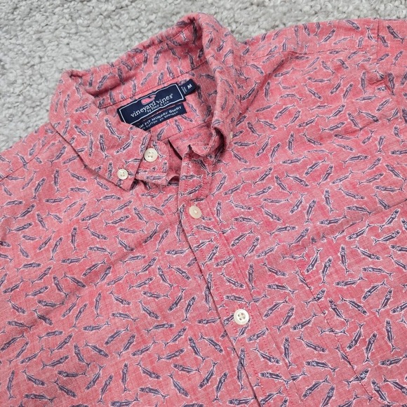 Vineyard Vines Shirt Mens Medium Pink Button Up Slim Fit Murray Fish Hawaiian - Picture 2 of 11